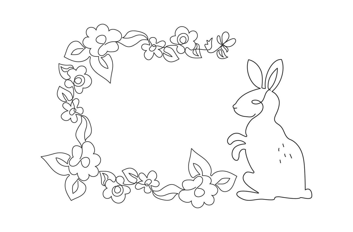 Easter floral frame, border. Hare, Easter bunny drawing, flowers, line art. Cute rabbit silhouette, floral ornament. Design of festive spring greeting card. Illustration on white background. vector