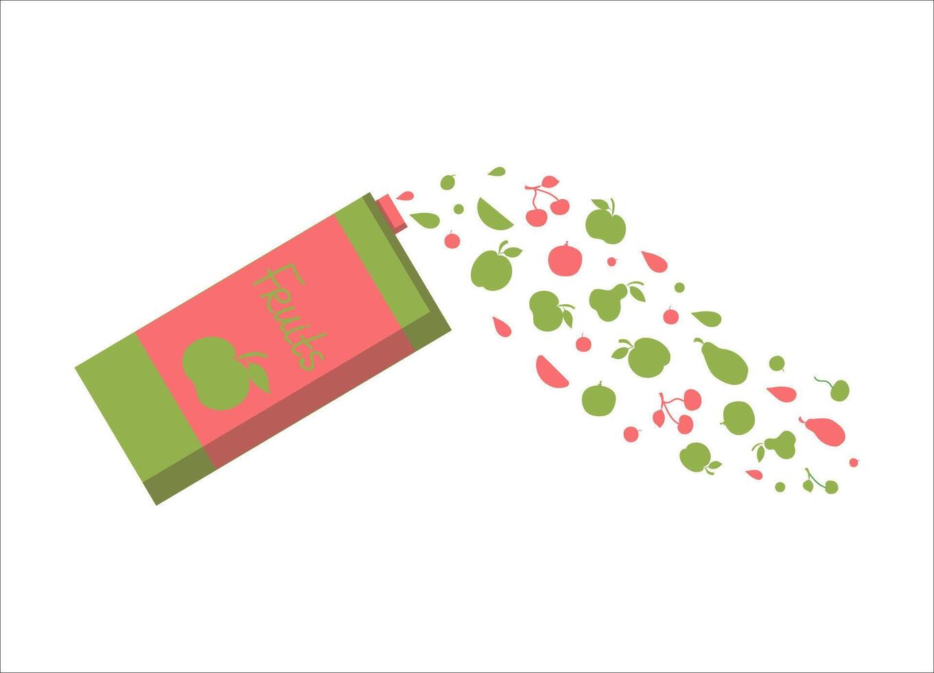 Juice box. Fruit drink. A set of healthy natural fruits. Apple, pear, plum, citrus, berries. vector