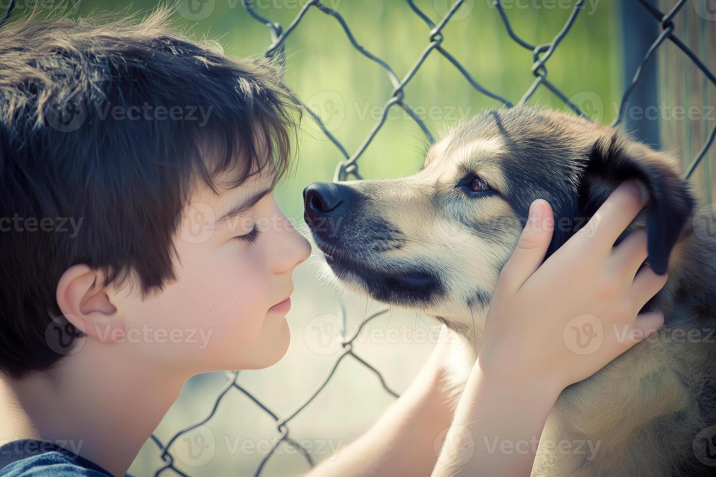 Boy bonding with a shelter dog photo