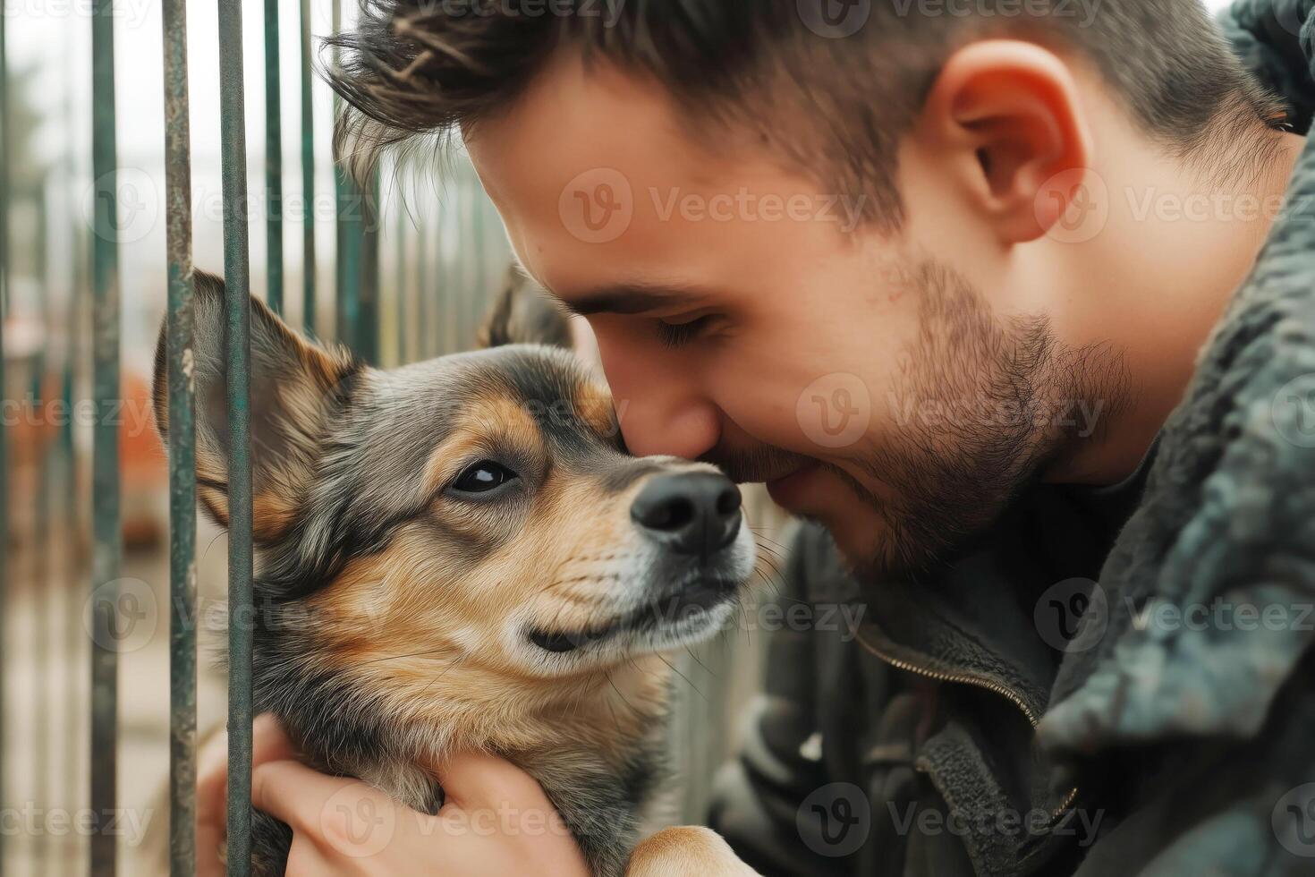 Volunteer with a rescued stray dog in front of a cage at an animal shelter photo