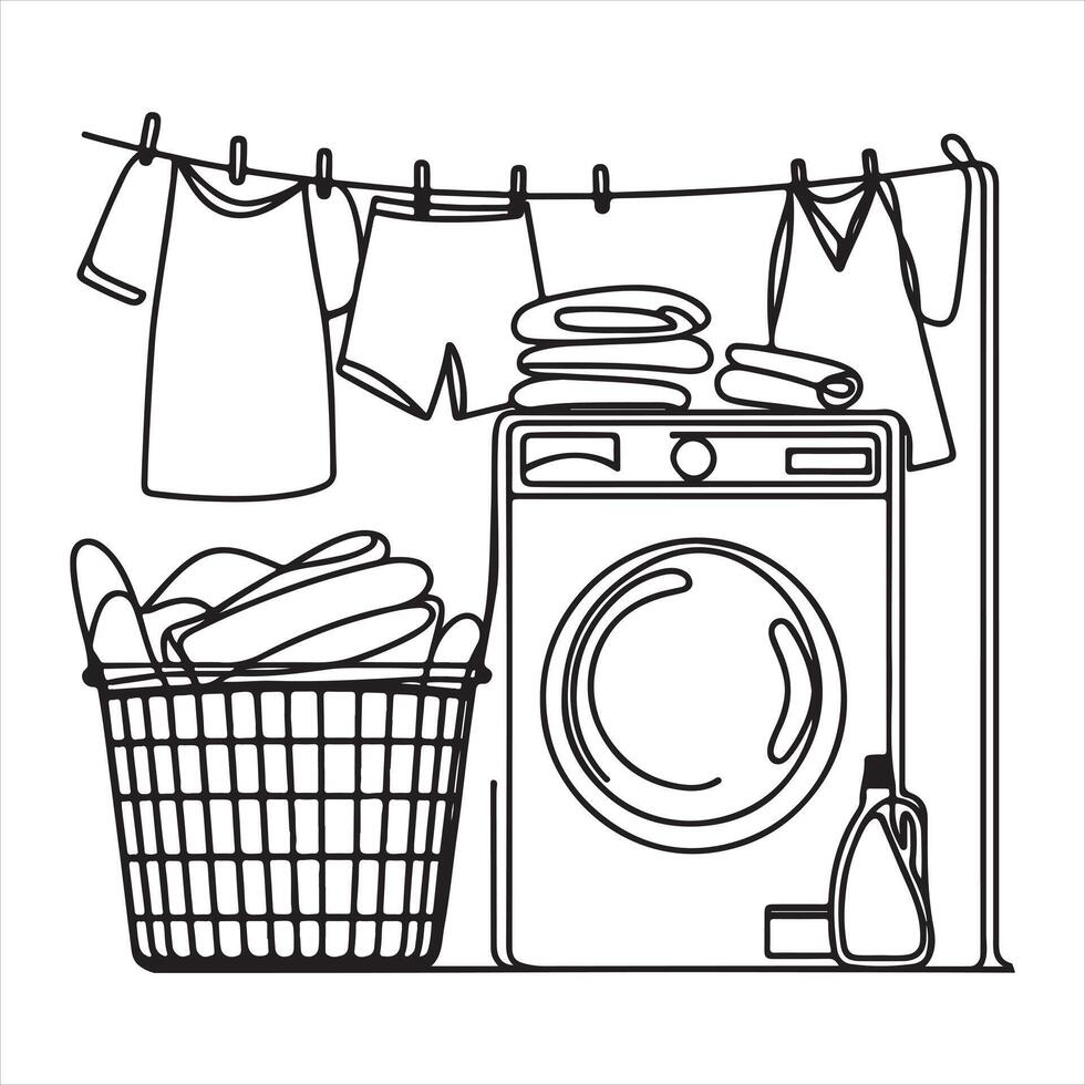 An illustration of a laundry basket ontinuous line drawing with black lines silhouette on white background vector