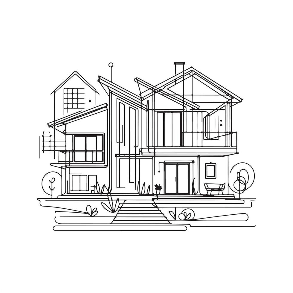 The modern illustration of abstract house in continuous line drawing style silhouette on white background vector