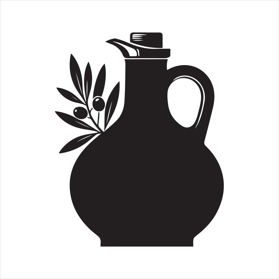 In this minimalist black linear sketch, a glass bottle jug is shown holding olive oil silhouette white background vector