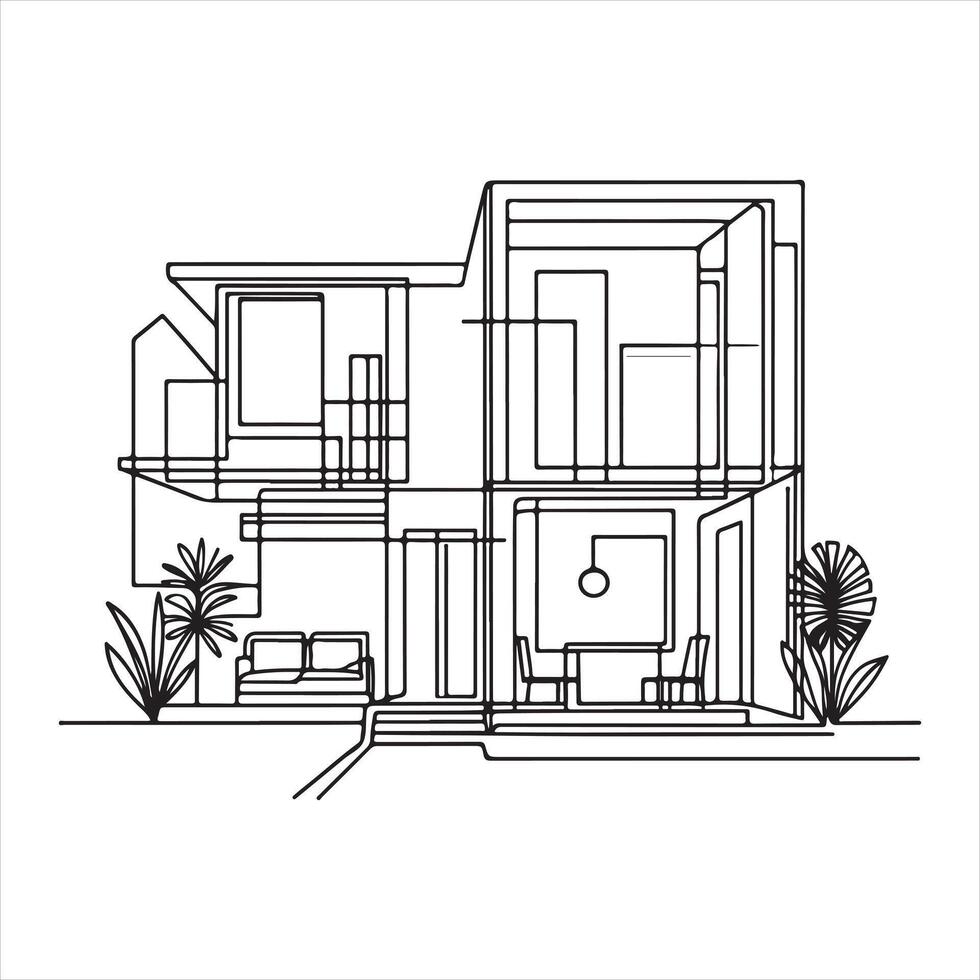 The modern illustration of an abstract house in continuous line drawing style silhouette white background vector