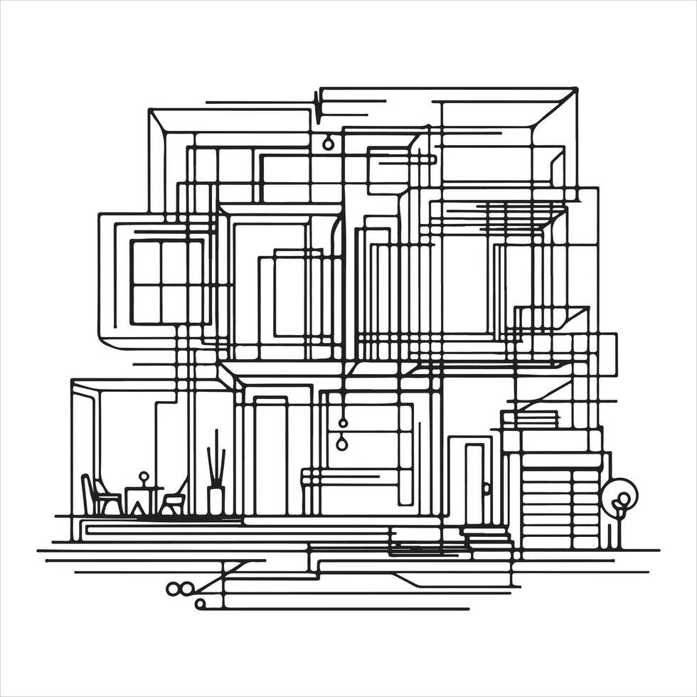 The modern illustration of an abstract house in continuous line drawing silhouette white background vector