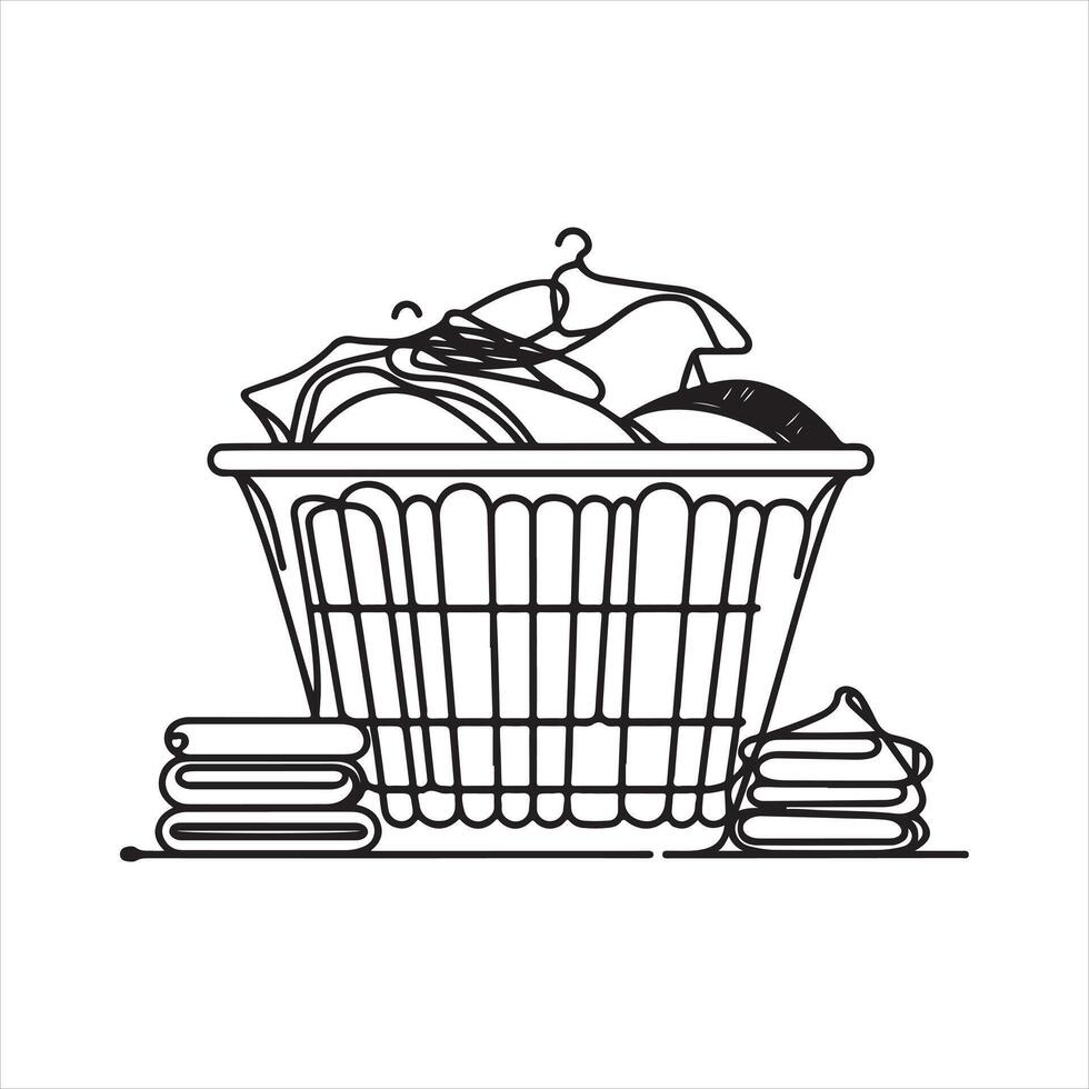 An illustration of a laundry basket ontinuous line drawing with black lines silhouette white background vector