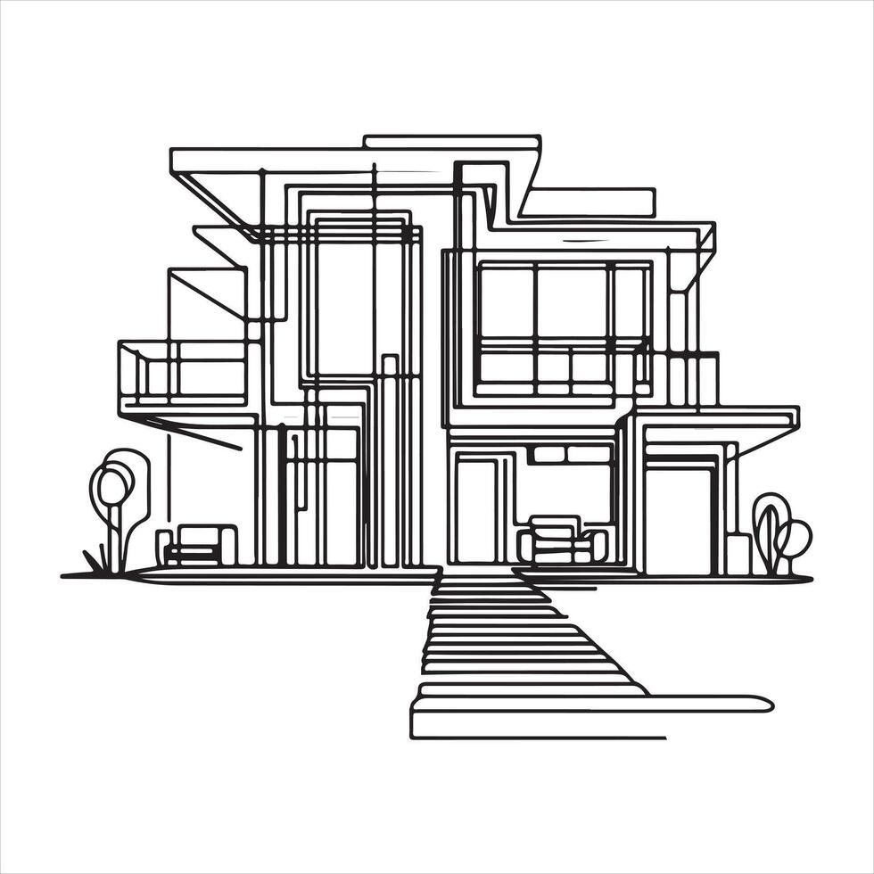 The modern of an abstract house in continuous line drawing style silhouette white background vector