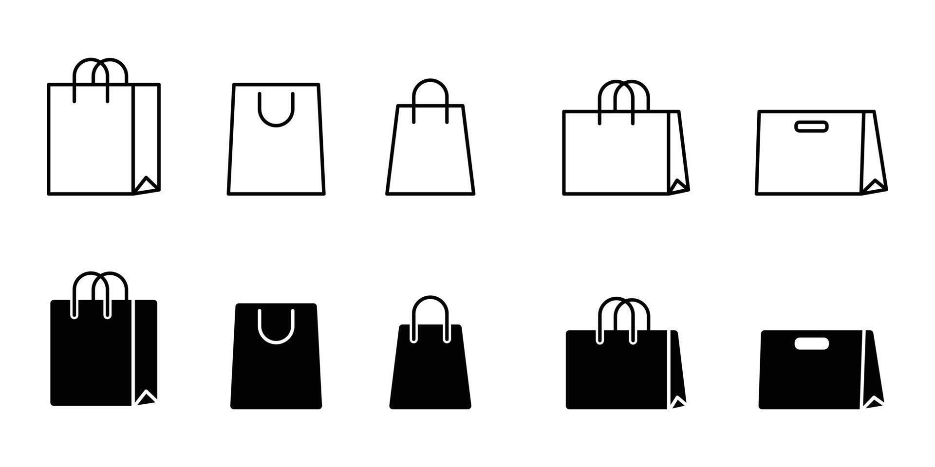Set of shopping bag icon in black fill and outline. Paper Bags. Online Shop Symbol, shopping bag Packages symbol. Illustration. vector