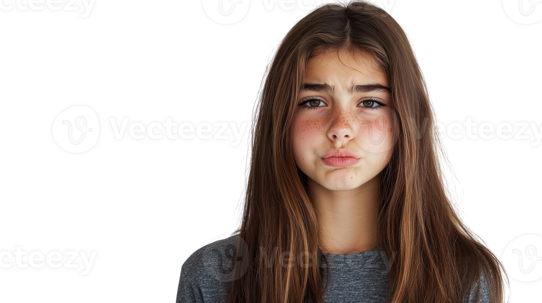 A girl with long brown hair and a sad face png