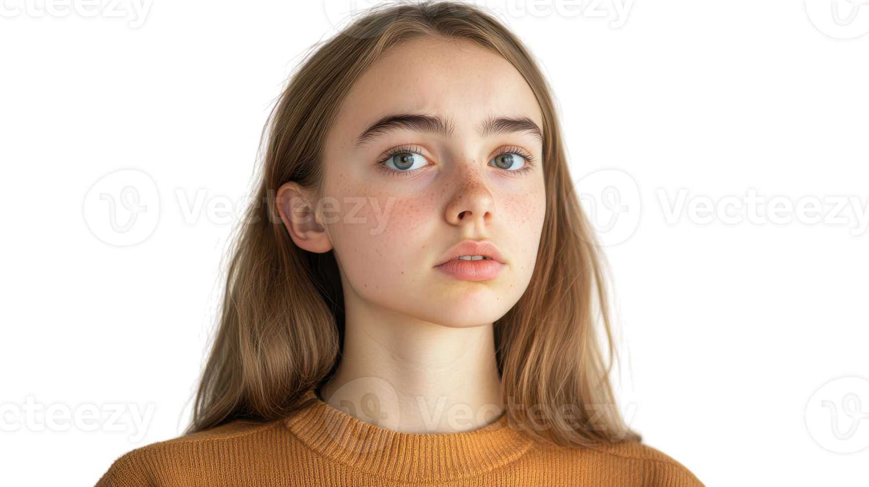 A girl with long hair and a brown sweater png