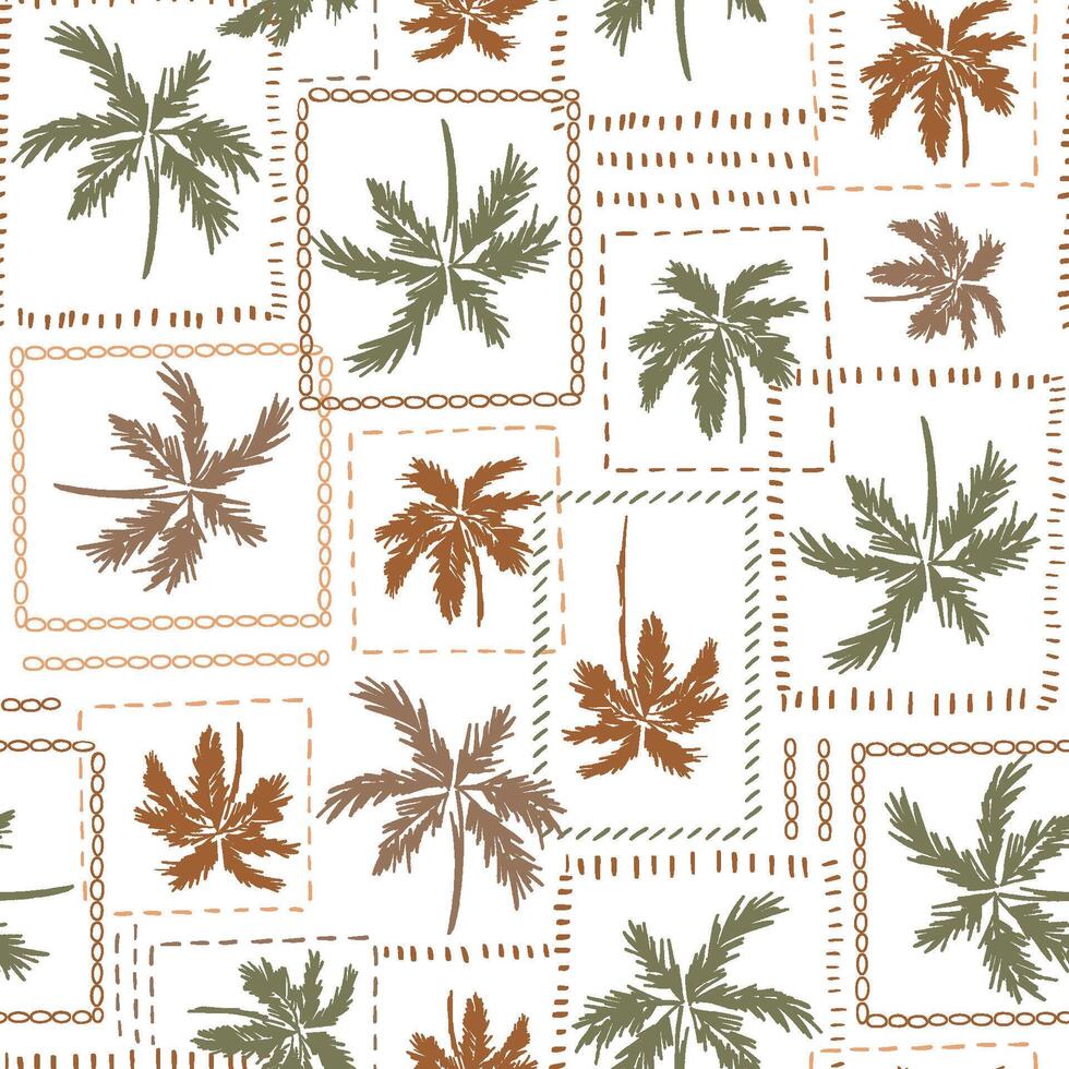 Geometric tropical palm tree seamless pattern. Hand drawn green and brown coconut in the frame. Summer vacation beach print. Safari jungle textile design, botanical wallpaper, repeat background vector