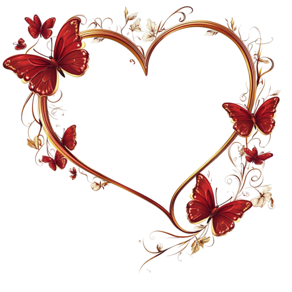 A heart shaped frame with red butterflies on transparent background png