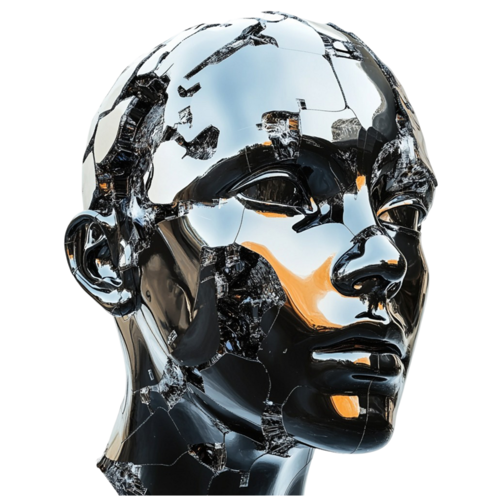 Futuristic Robot Head with Broken Design on Transparent Background png