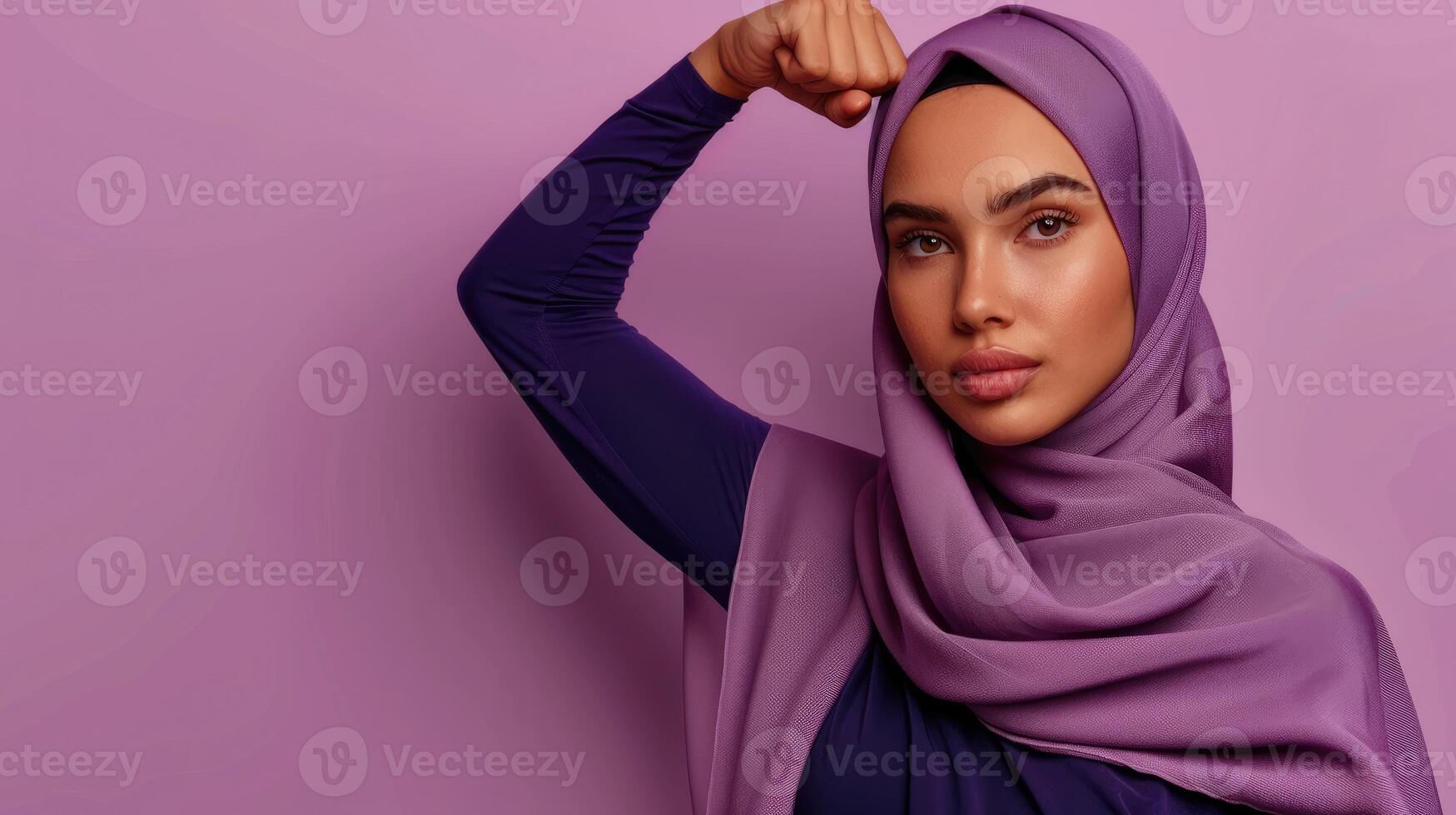 Accelerate Action banner with Muslim woman in hijab, copy space. Minimalist violet backdrop for International Womens Day 2025 with hand pose of strenght. AccelerateAction background empty text place. photo