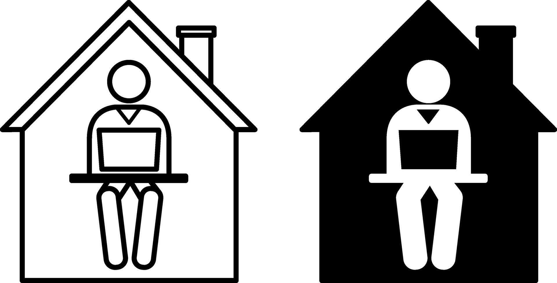 Home Office Icons. Black and White Icon. Man Working on Laptop at Home. Freelance, Remote Work. Office Concept vector