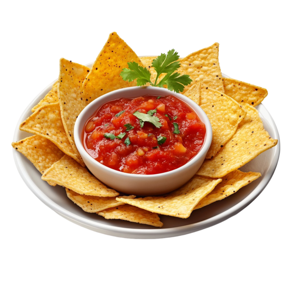 Crispy Nachos with Salsa Dip on a Plate On Transparent Background png