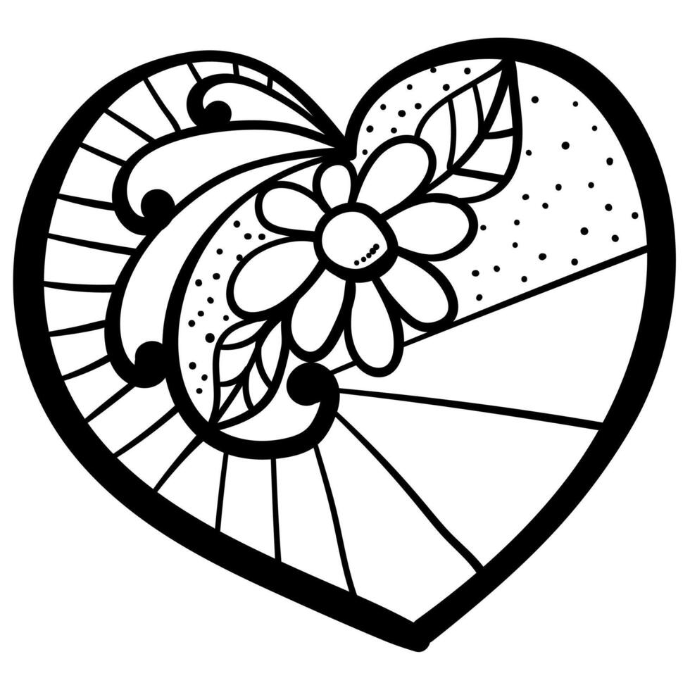 Outline heart with fantasy patterns, coloring page with flower and striped motifs vector