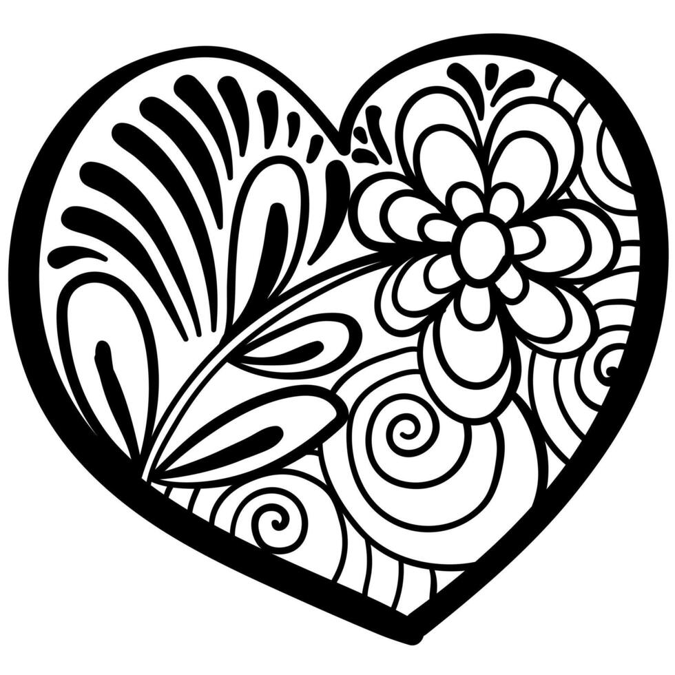 Outline heart with fantasy patterns, coloring page with flower, spirals and swirls vector