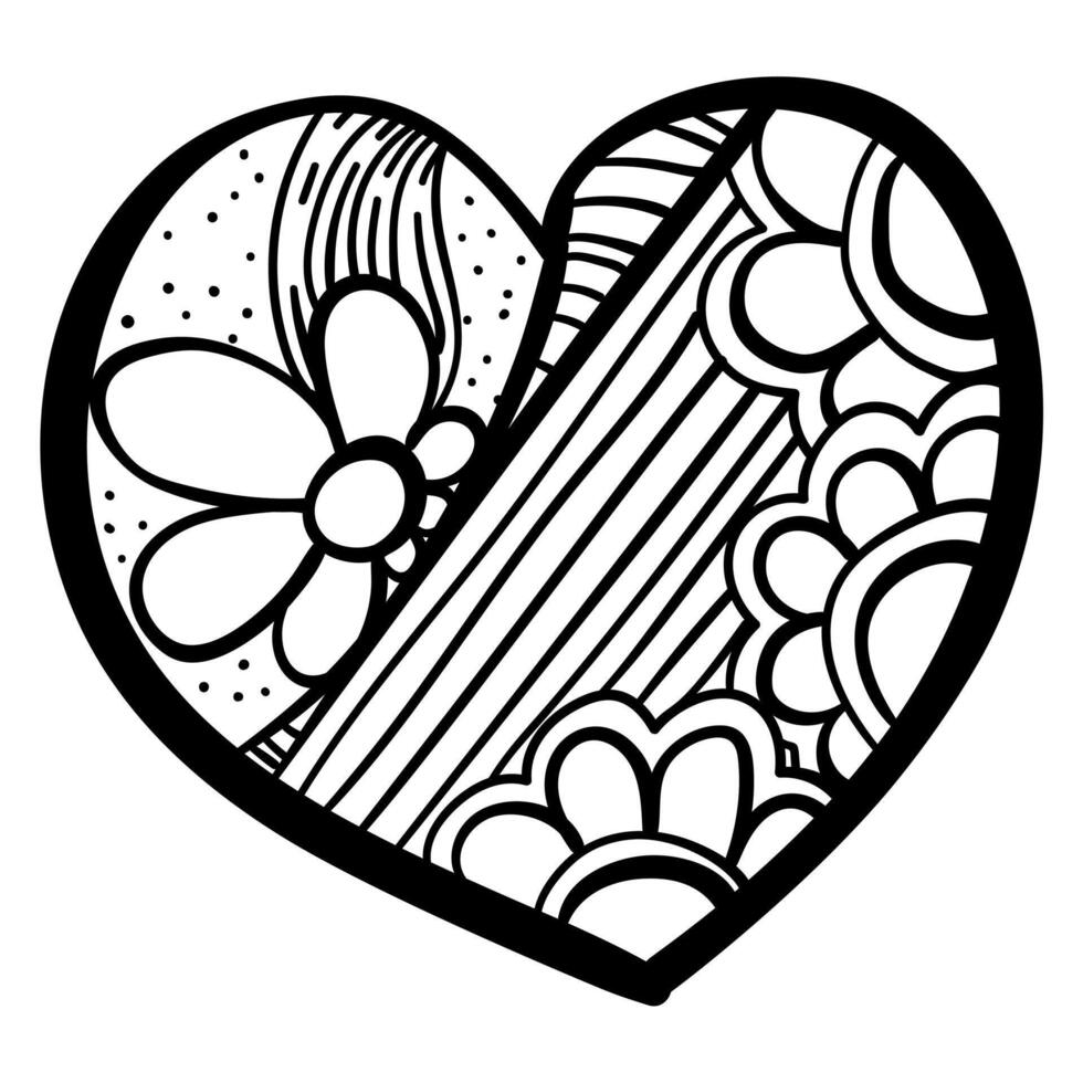 Outline heart with fantasy patterns, coloring page with flowers and stripes vector