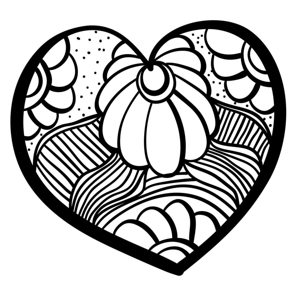 Outline heart with fantasy patterns, coloring page with fantasy flowers and stripes vector