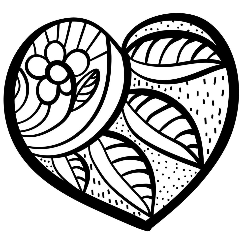 Outline heart with fantasy patterns, coloring page with a flower and a row of leaves vector