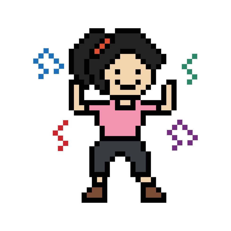 Pixel art of decoration man male boy happy dance dancer exercise music 8 bit cartoon. vector