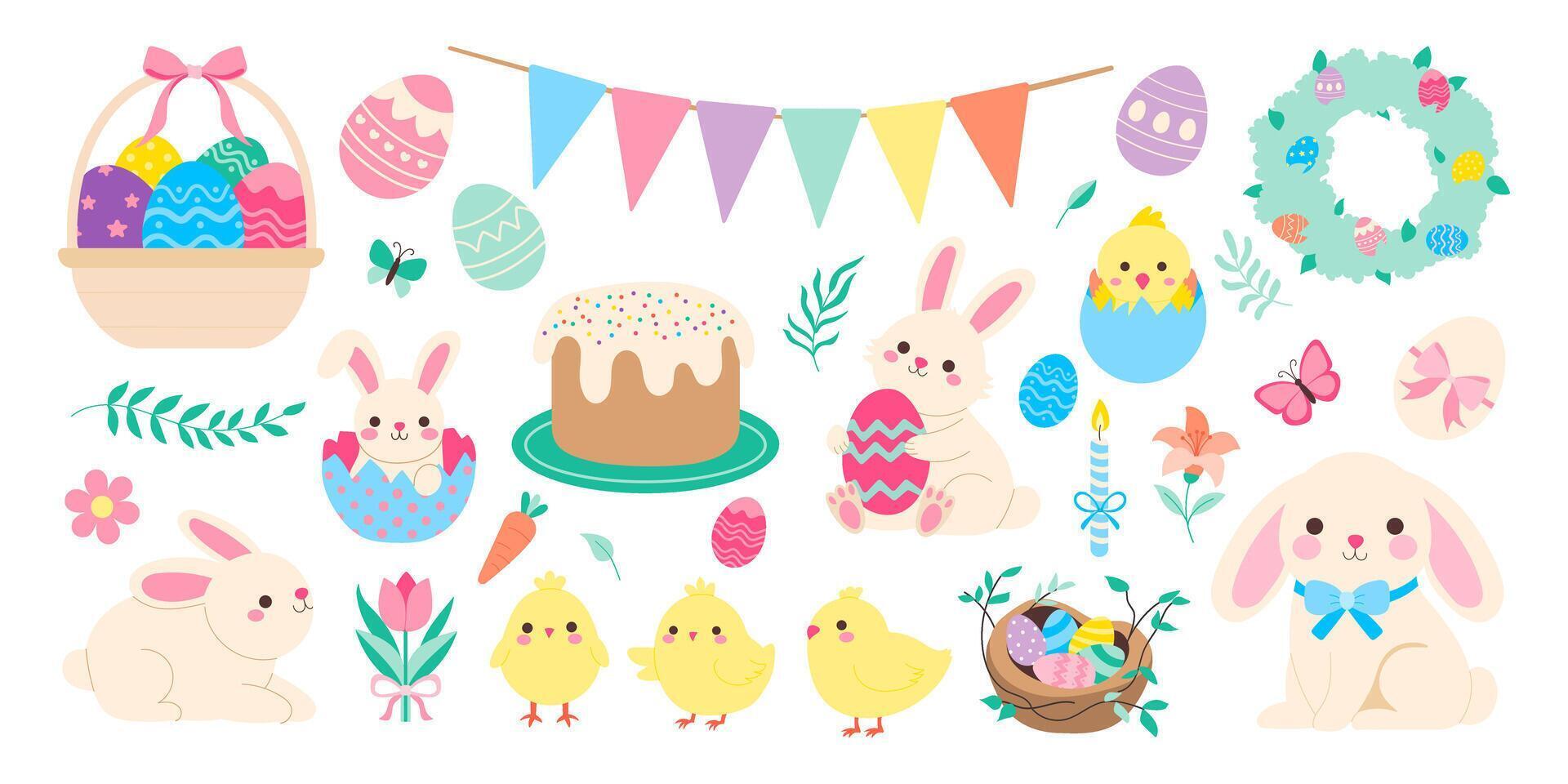 A collection of Easter themed images including a bunny, a cake, and a basket of eggs vector