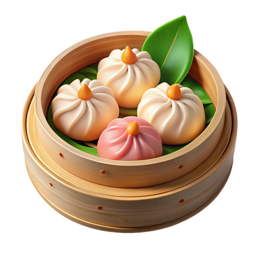 3D Render Steamed Dumplings in Bamboo Steamer png