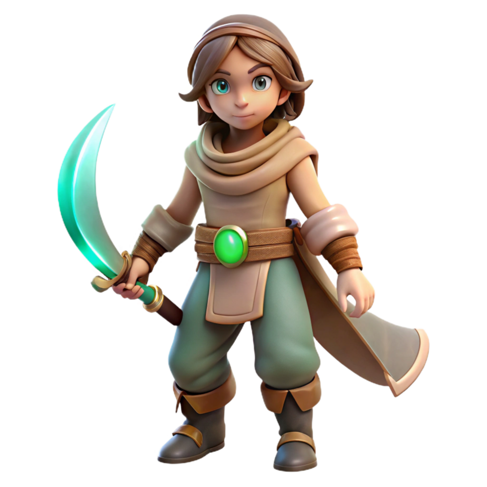 3D Render Young Adventurer with Crescent Blade png