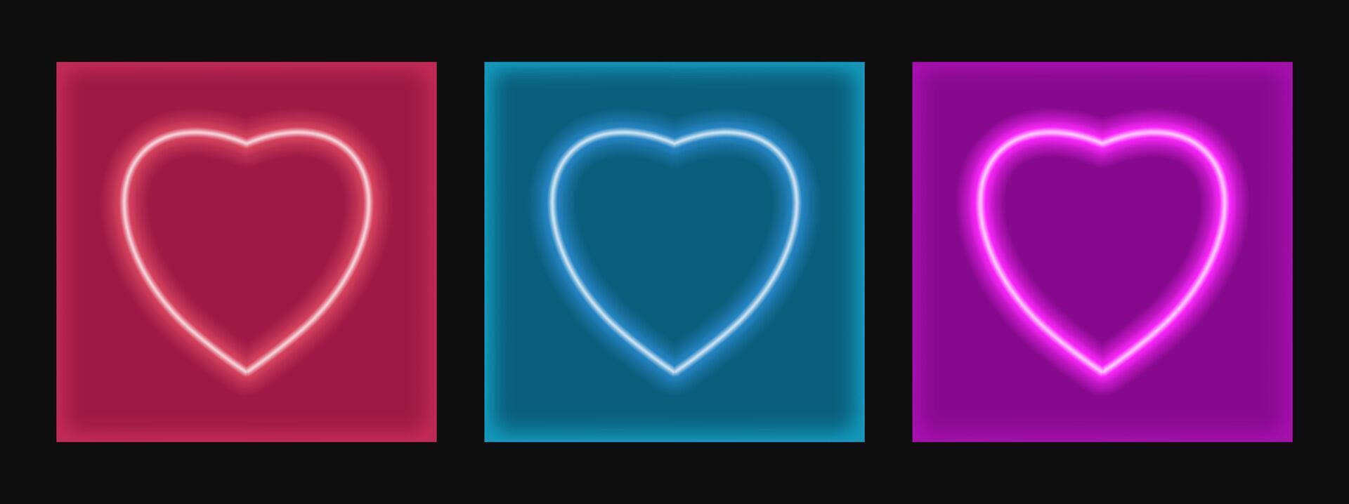 Light Neon Heart frames set for holiday cards, banners, invitations. Heart-shaped wire glow for Valentines Day red, violet, blue. vector
