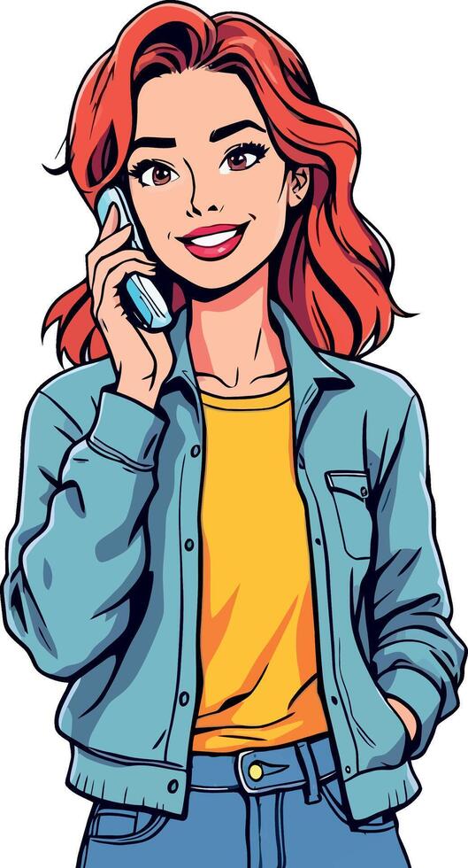 Smiling young woman making a phone call in pop art style vector