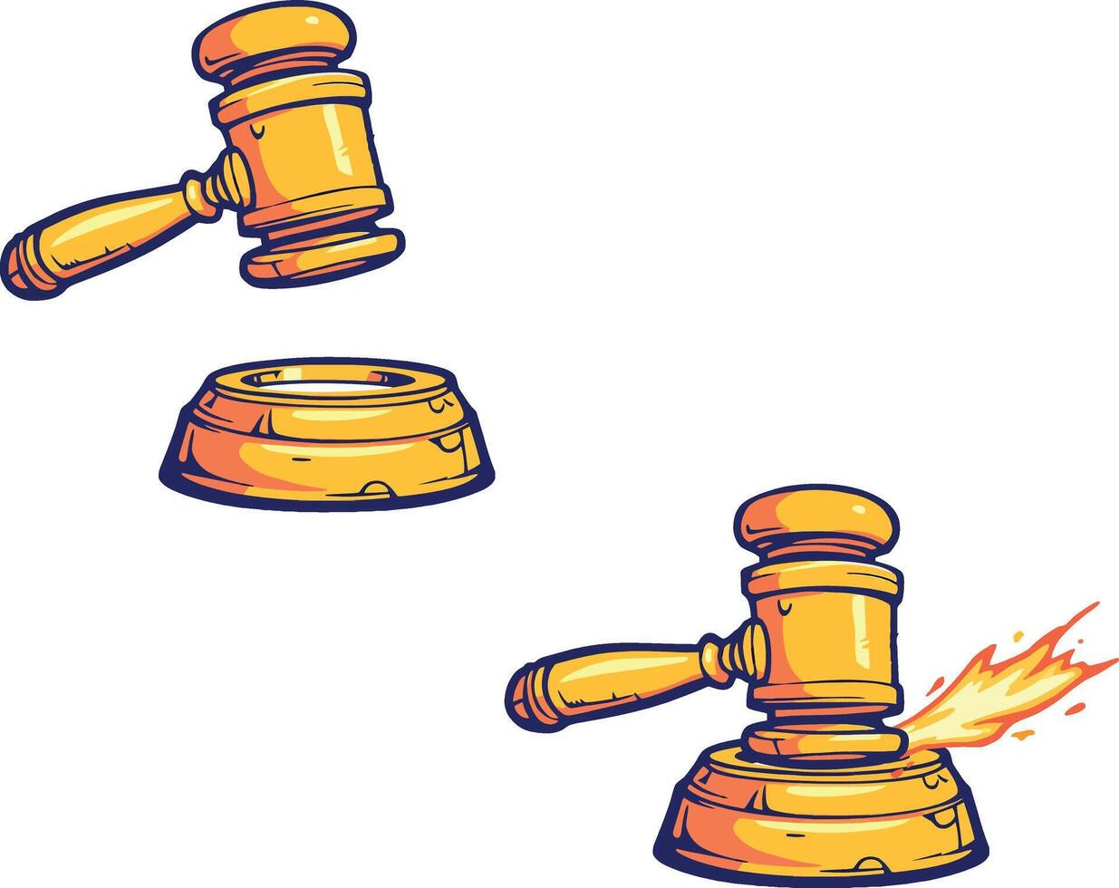 Judge gavel striking sound block, before and after striking vector