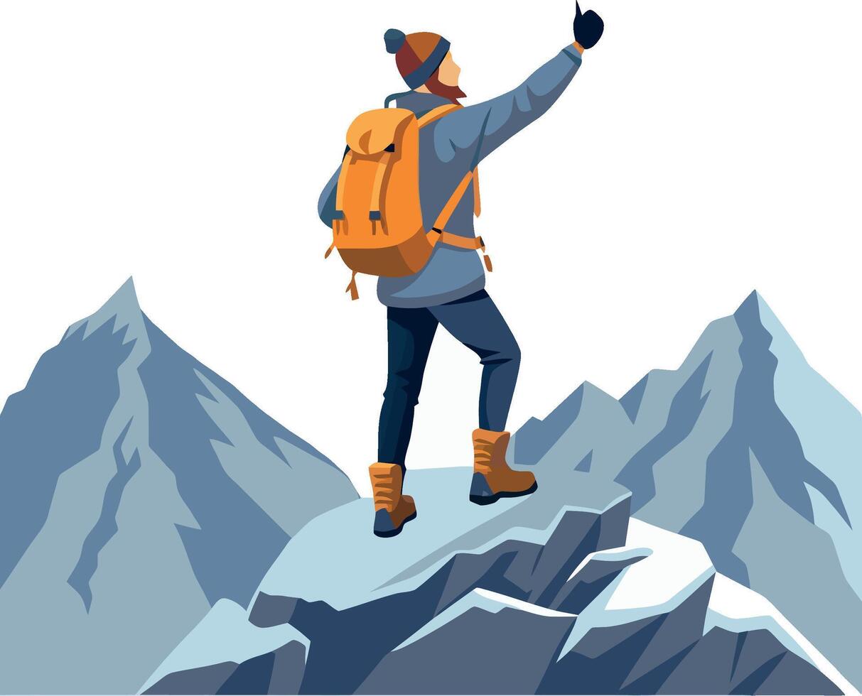 Mountaineer reaching summit showing thumbs up sign enjoying scenic view vector