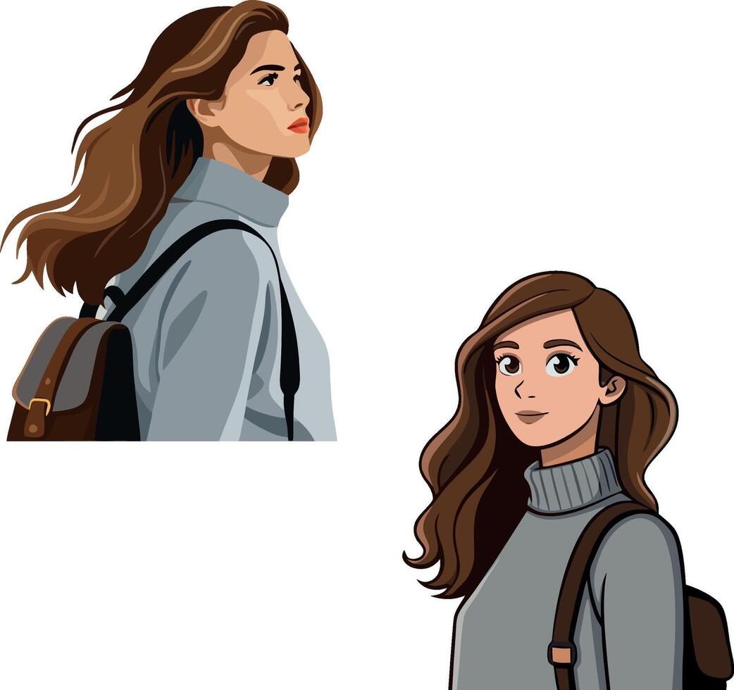 Two young female students wearing backpacks and walking to school vector