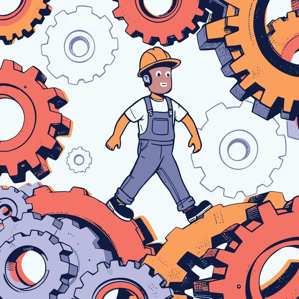 Technician walking on gears symbolizing industrial progress vector