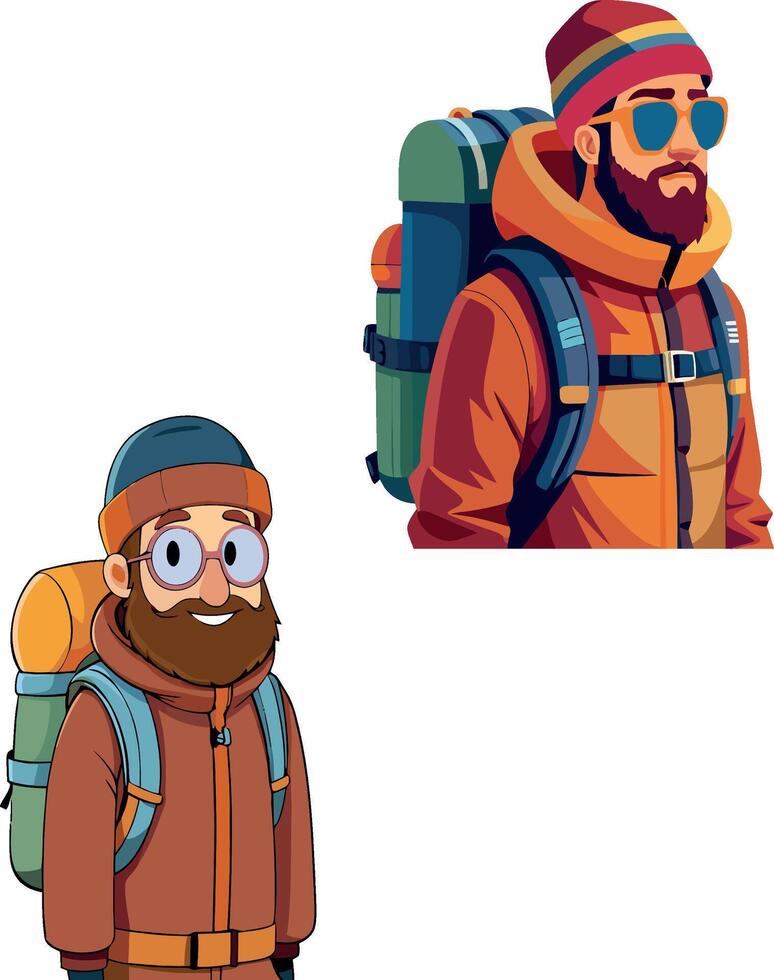 Two male hikers wearing backpacks and winter clothes are ready for their next adventure vector