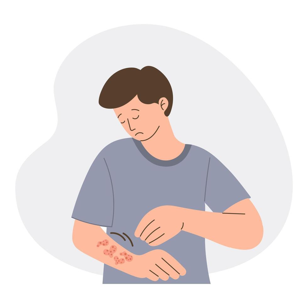 Man with itchy skin rash. Allergic itching, skin inflammation, redness and irritation. Healthcare and medicine. vector