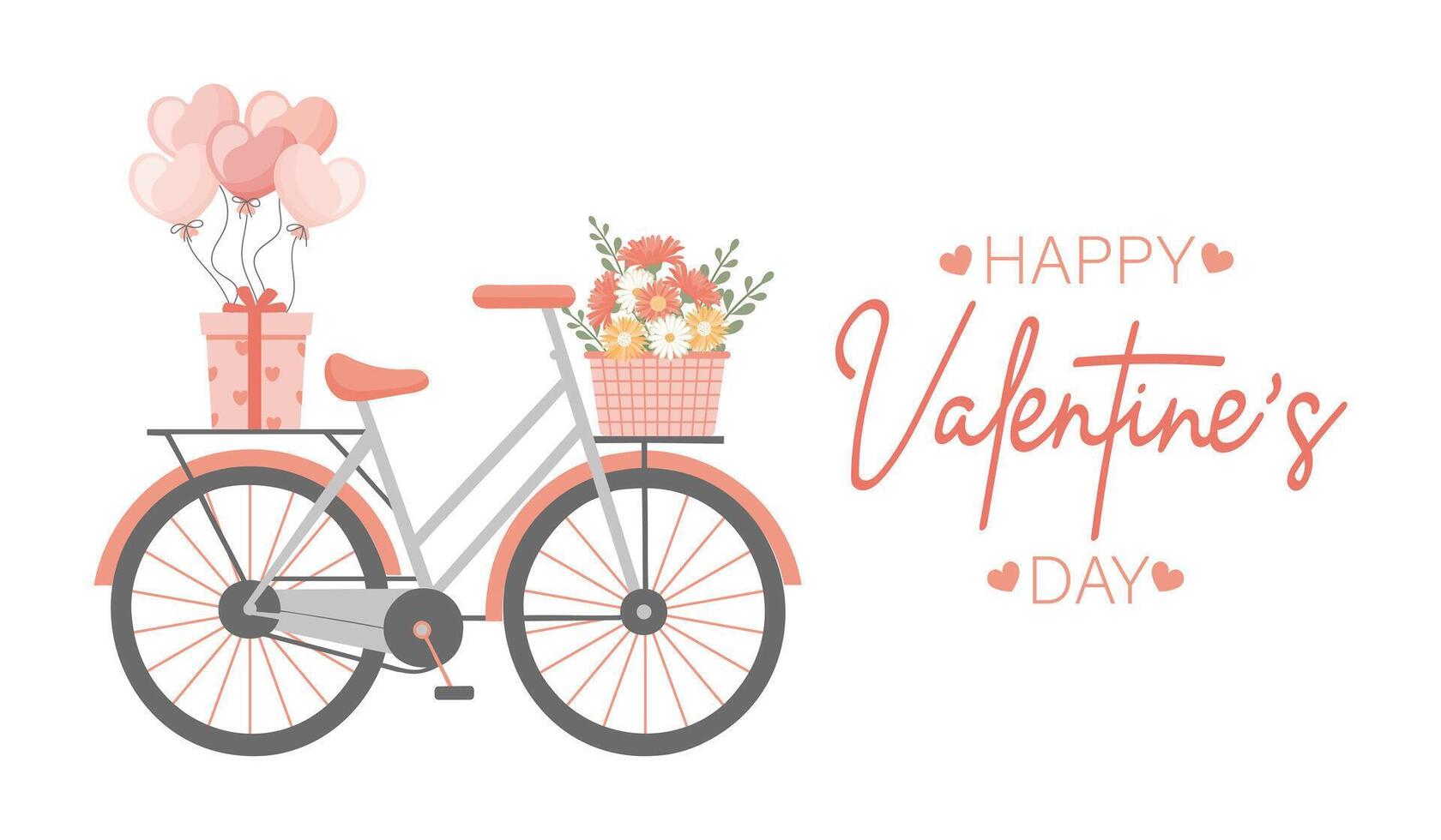 Valentine's Day card with bicycle, basket of flowers and balloons. Illustration vector