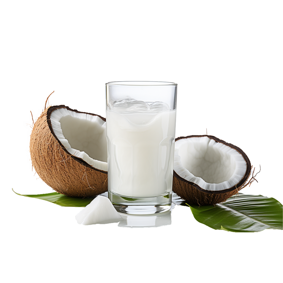 Refreshing Coconut Milk Drink Tropical Delight Two Halves Coconut Glass Ice Cubes Green Leaves png