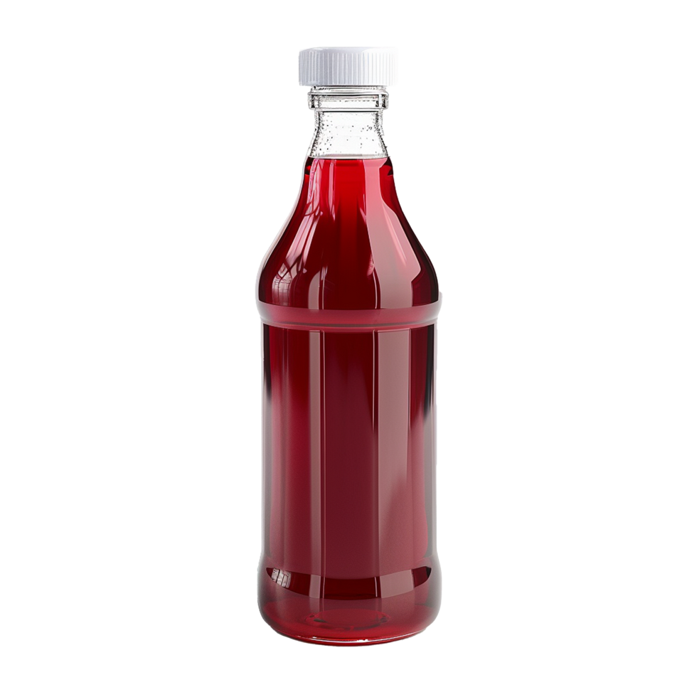 Red liquid in a clear bottle with a white cap Beverage product packaging design png