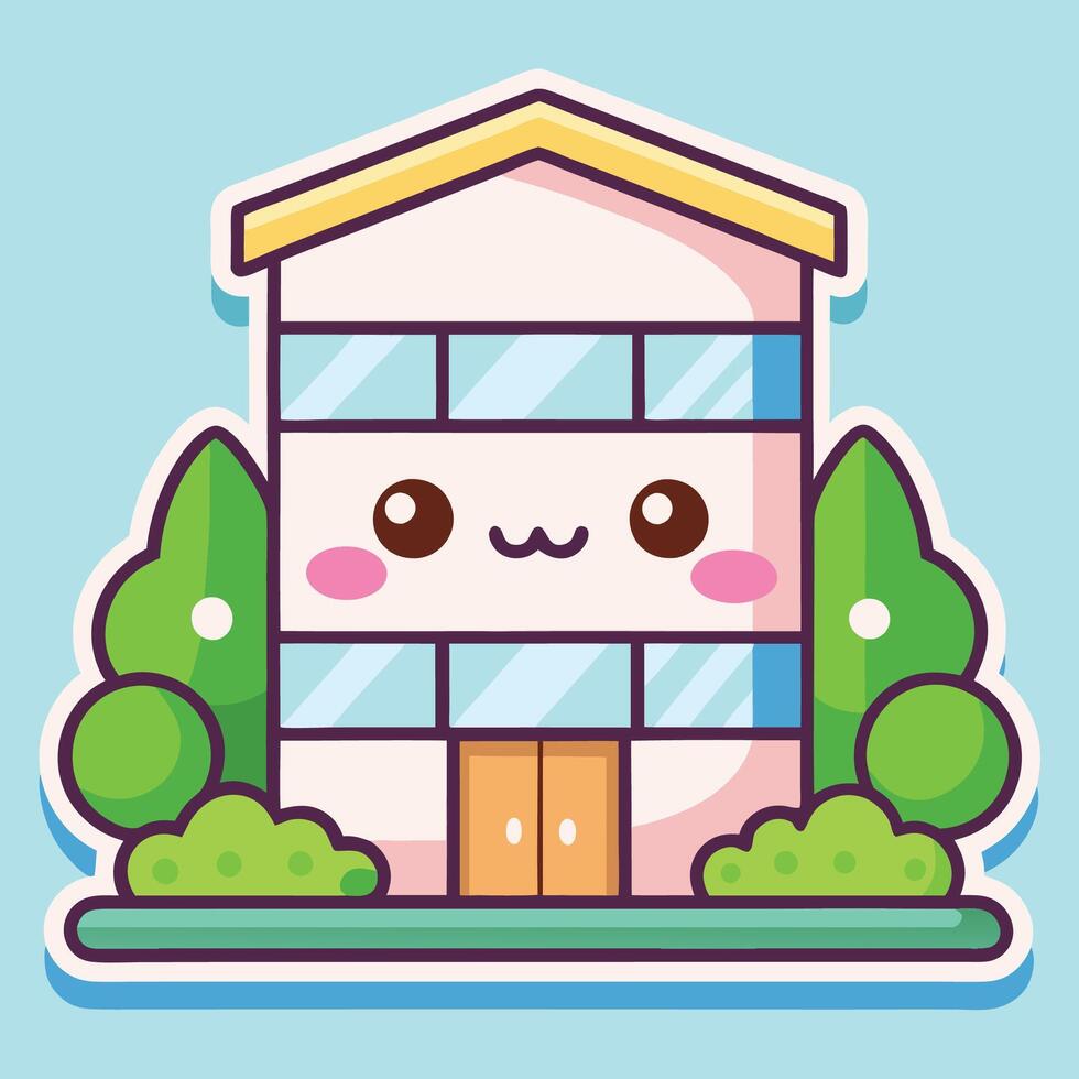 a cartoon house with a cute face and a tree vector