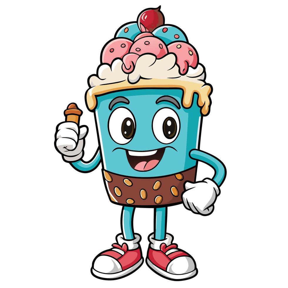 ice cream cartoon mascot character holding ice cream cone and giving thumbs up vector