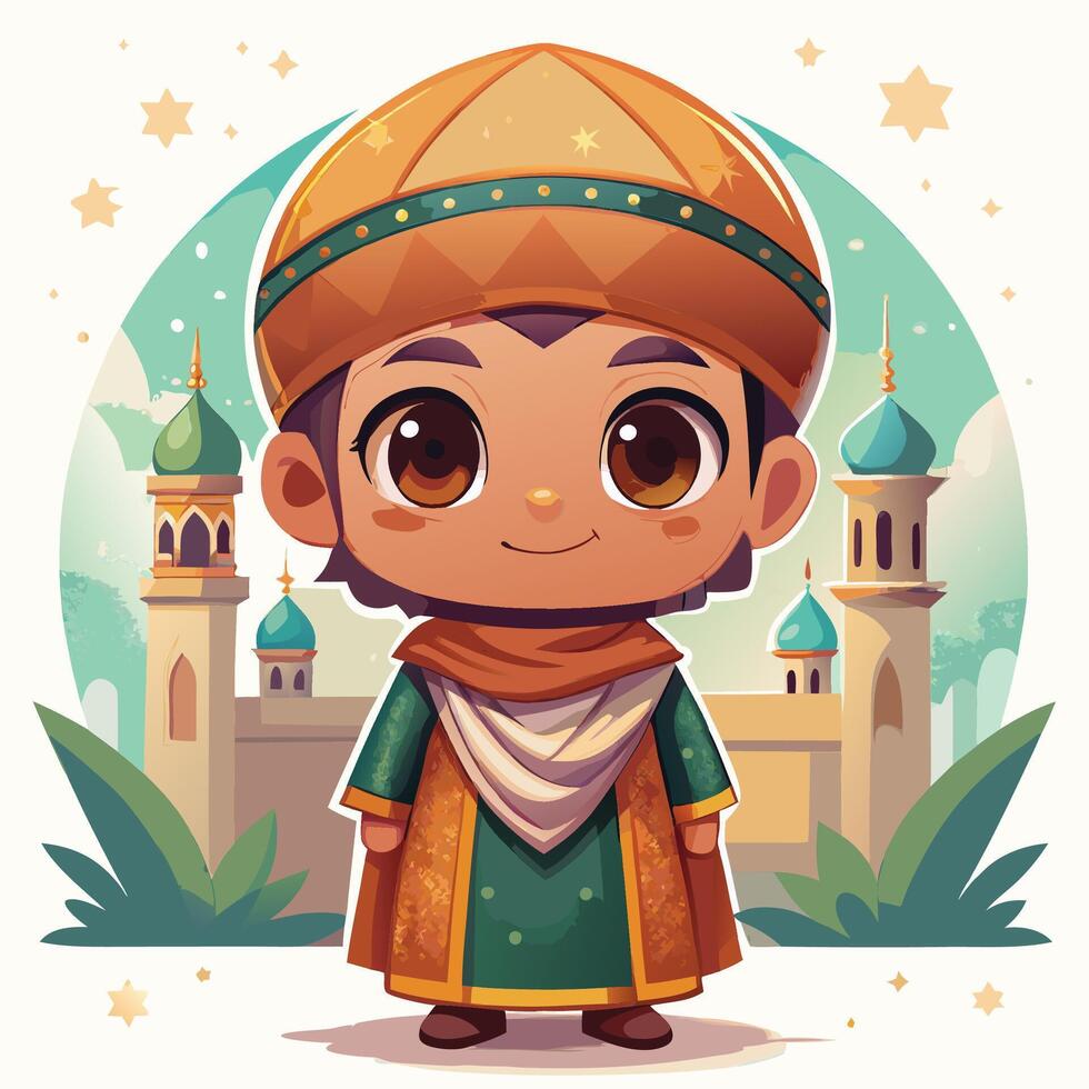 cartoon muslim boy with turban and beard vector