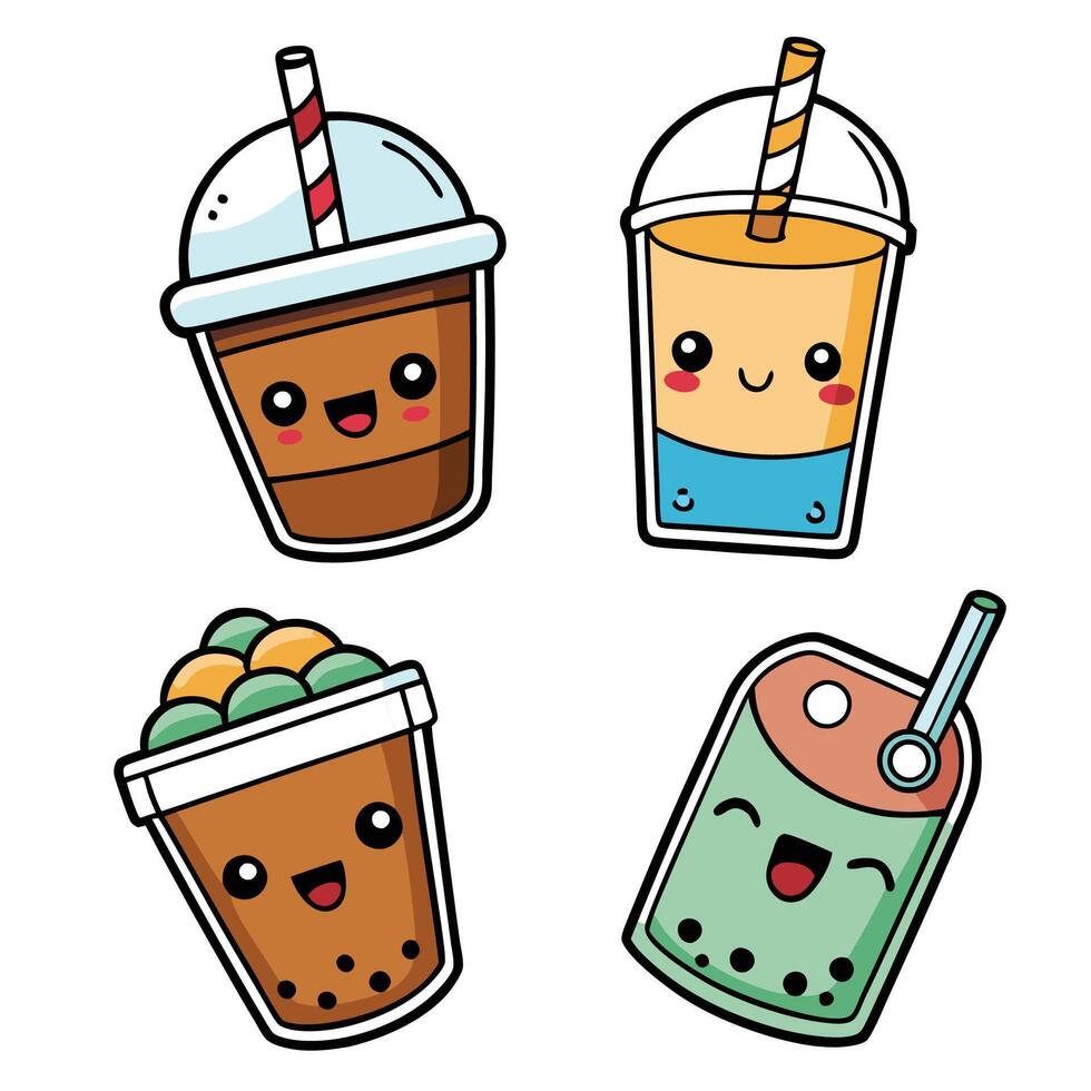 bubble tea set of different drinks, including bubble tea, iced tea, and iced vector