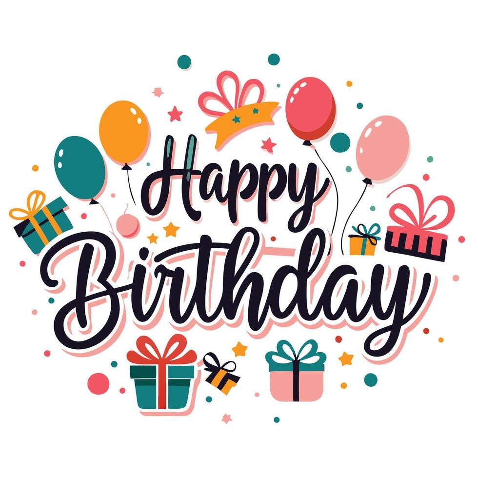 happy birthday text with balloons and gifts illustration vector