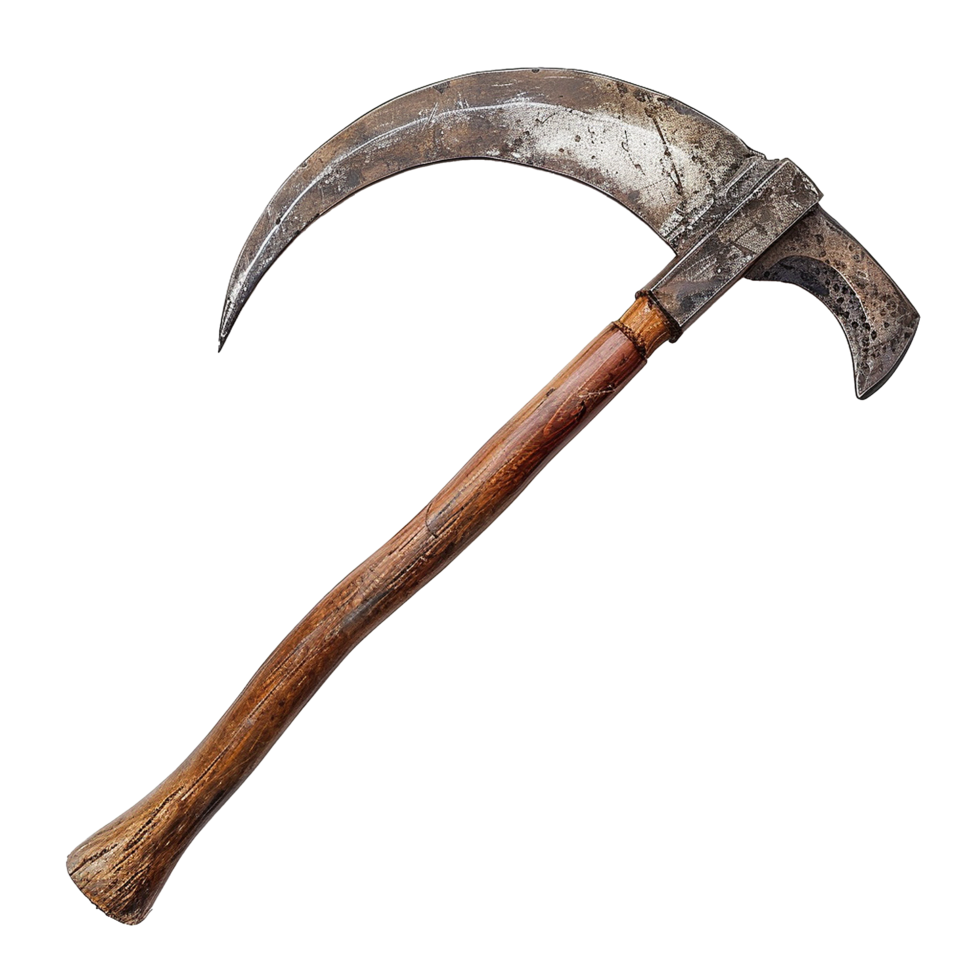 Ancient Crescent Shaped Axe with Wooden Handle Rustic Tool Weapon png