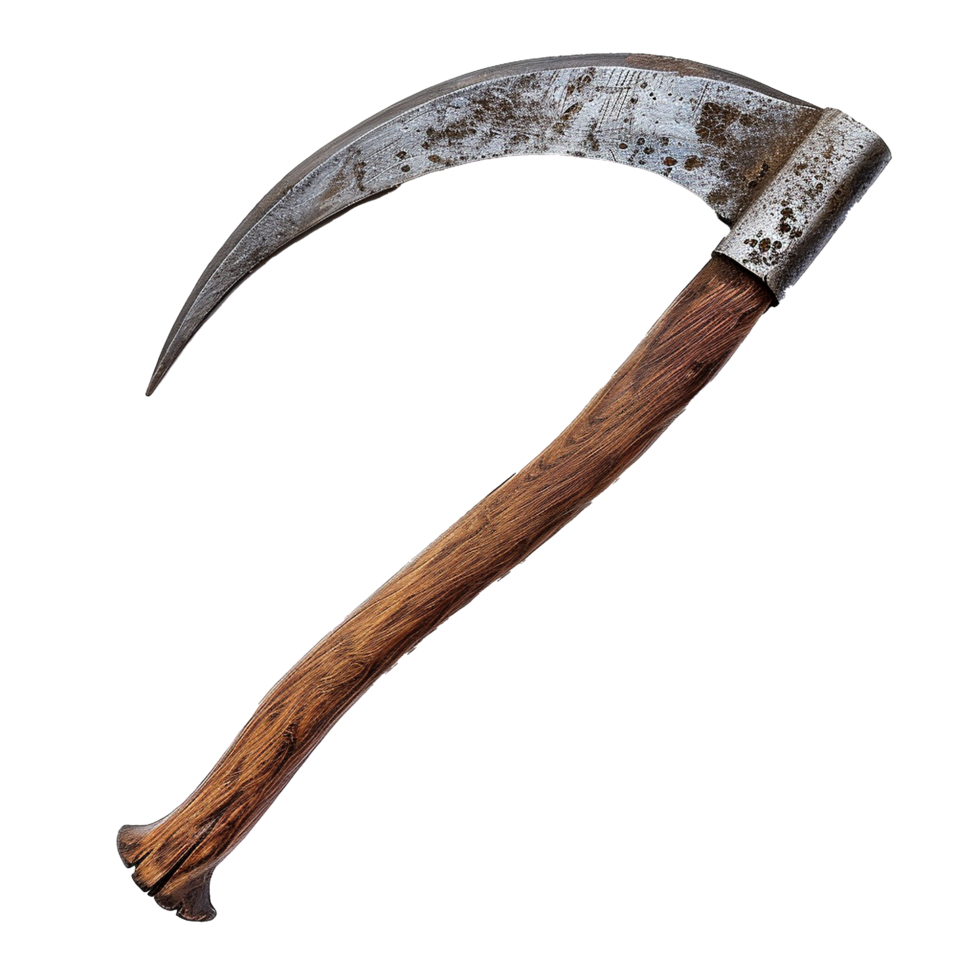 Ancient curved sickle harvesting tool rustic wood handle metal blade farming history png
