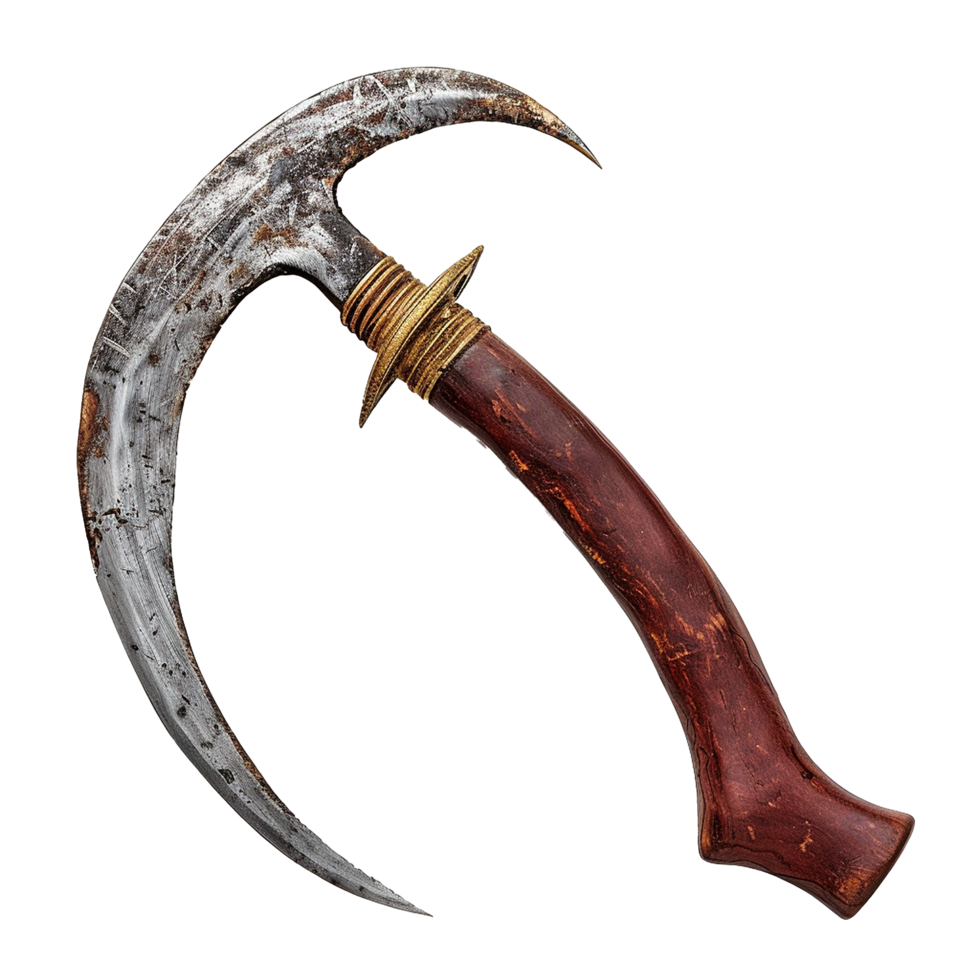 Ancient Crescent Axe Rustic Metal Blade Wooden Handle Weapon png