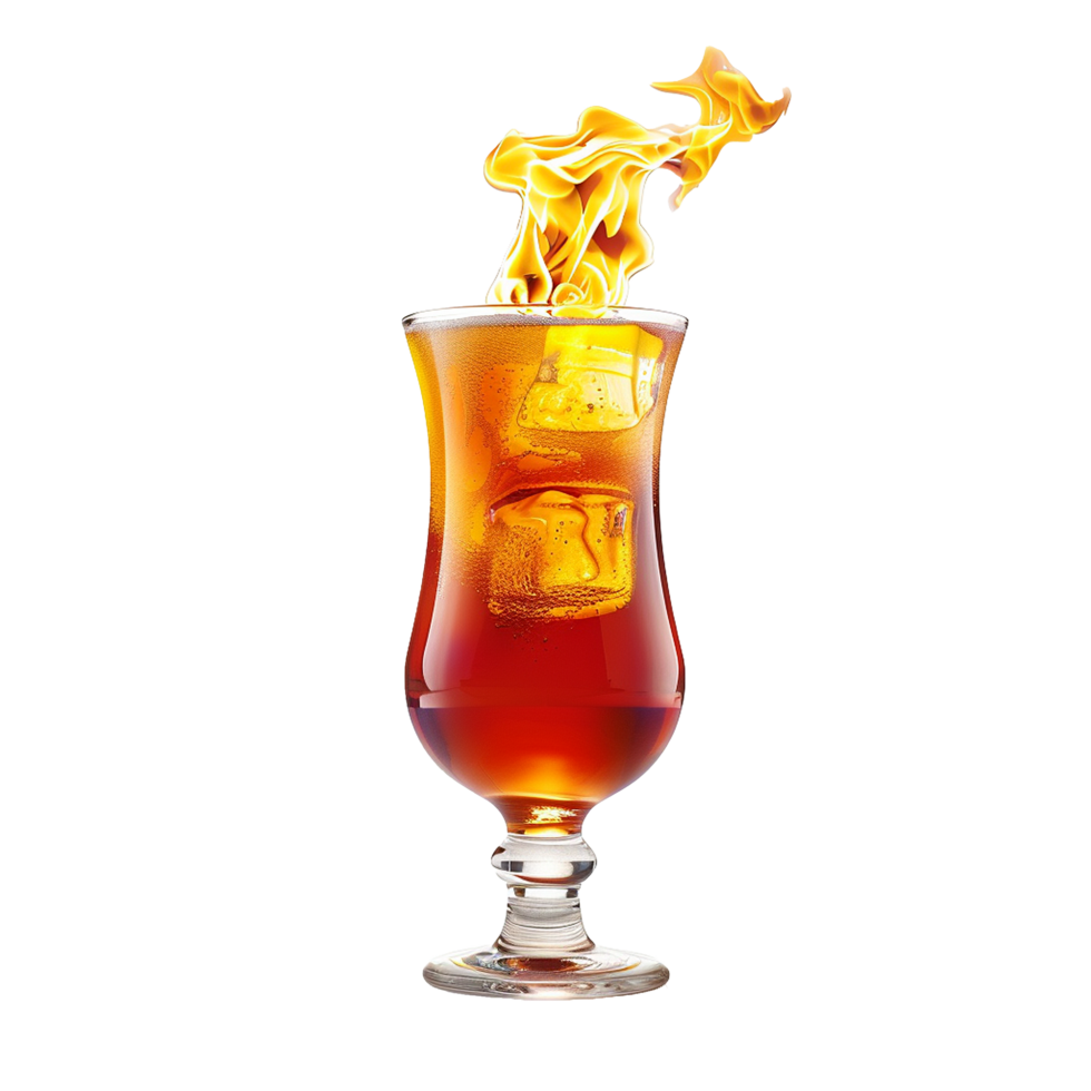 Flaming alcoholic beverage in hurricane glass with ice cubes png