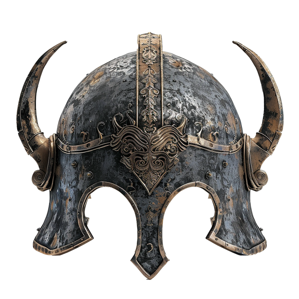 Ornate Medieval Helmet with Horns Dark Grey and Gold Design png